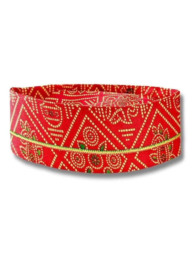 Firstdemand Men's Red Bandhni Cotton Topi Cap with Gold Chain Trim Handstitch Ready to Wear Topi/Cap/Turban for Wedding/Pooja and Traditional Function Use It -1 - Image 2